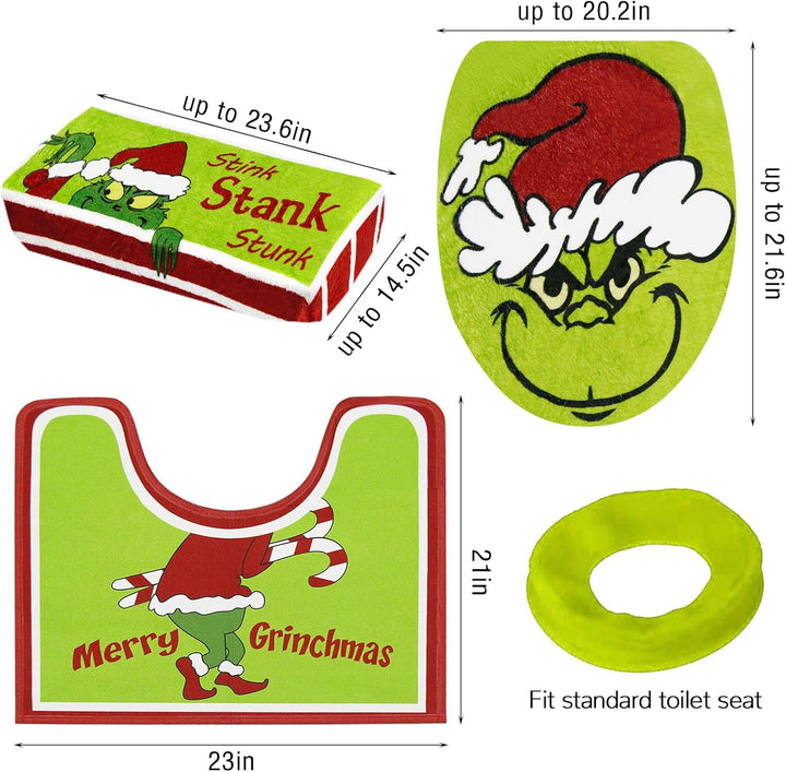 Set of Grinch-themed bathroom accessories with dimensions displayed.