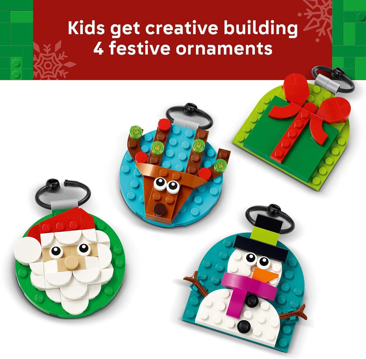 Set of LEGO Christmas ornaments including Santa, reindeer, snowman, and gift with red bow