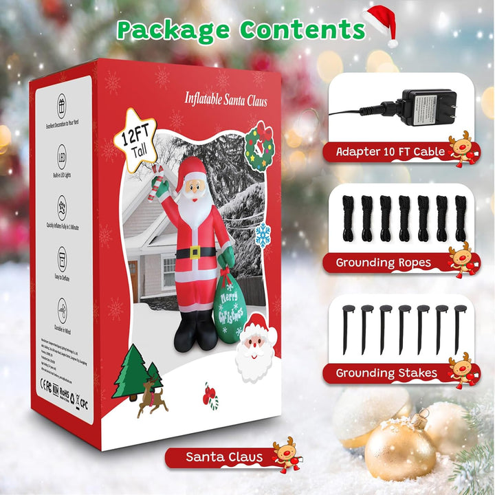 Inflatable Santa Claus package with adapter, cable, grounding ropes, and stakes on a festive background.