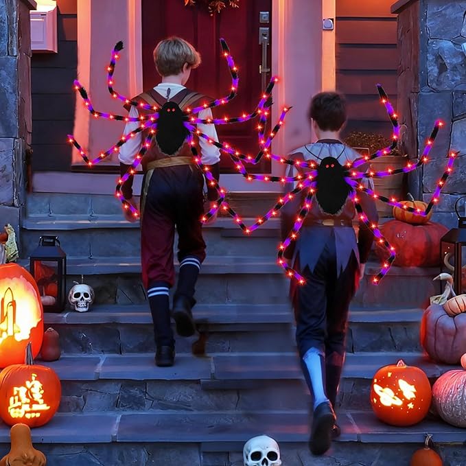 Halloween Giant Spider Backpack Set, 60 LED Light-Up Spider Backpack with Spider Headband, Scary Plush Costume for Kids Halloween Party