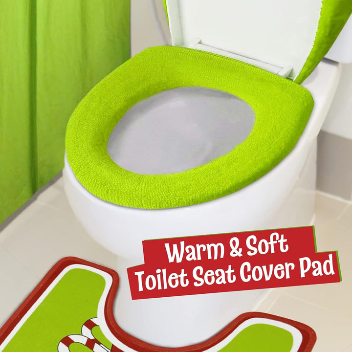 Green toilet seat cover pad on a toilet with text 'Warm & Soft Toilet Seat Cover Pad'.
