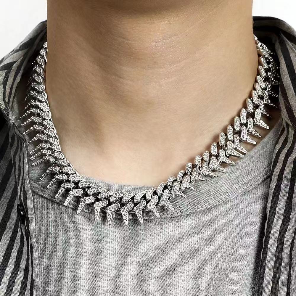 Gardira 19-inch Cuban chain necklace with full diamond rap thorn inlay, showcasing a luxurious and sparkling jewelry piece.