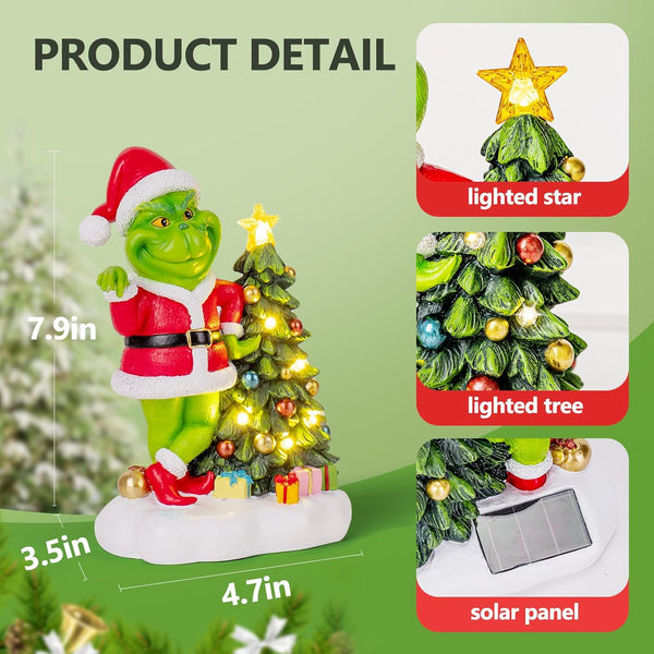 Solar Garden Outdoor Statue – Green Monster with Christmas Tree