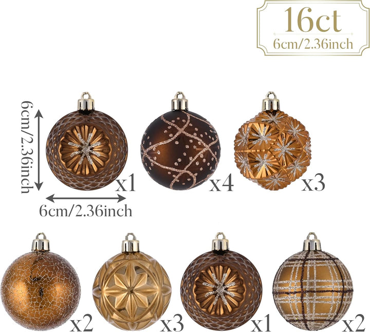 Set of 16 Christmas ornaments with various designs and measurements on a white background.