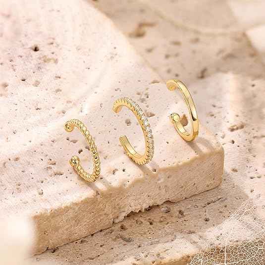 3PCS Ear Cuffs Non-Piercing – 14K Gold Plated & Sterling Silver CZ Clip-On Cartilage Earrings for Men & Women
