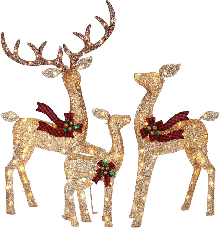 Decorative reindeer with lights and plaid bows on a white background
