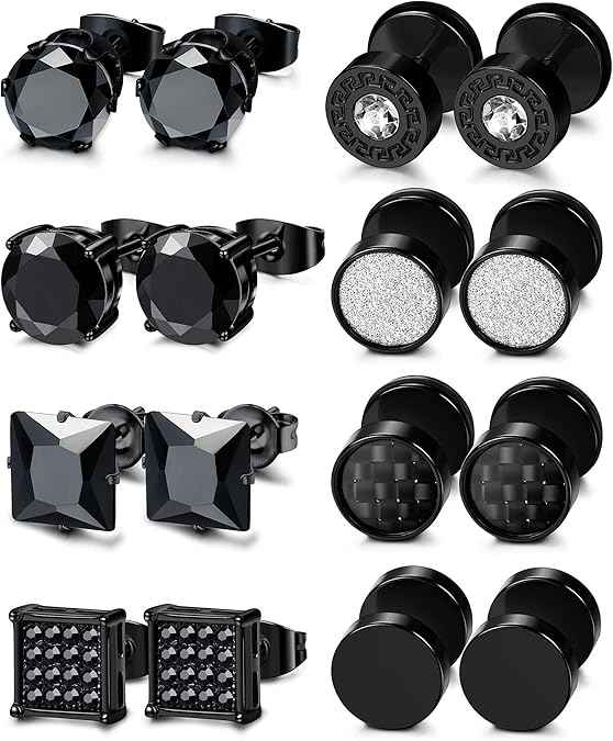 8 Pairs Black CZ Stud Earrings Set – Stainless Steel Silver Cubic Zirconia Barbell Studs for Men & Women