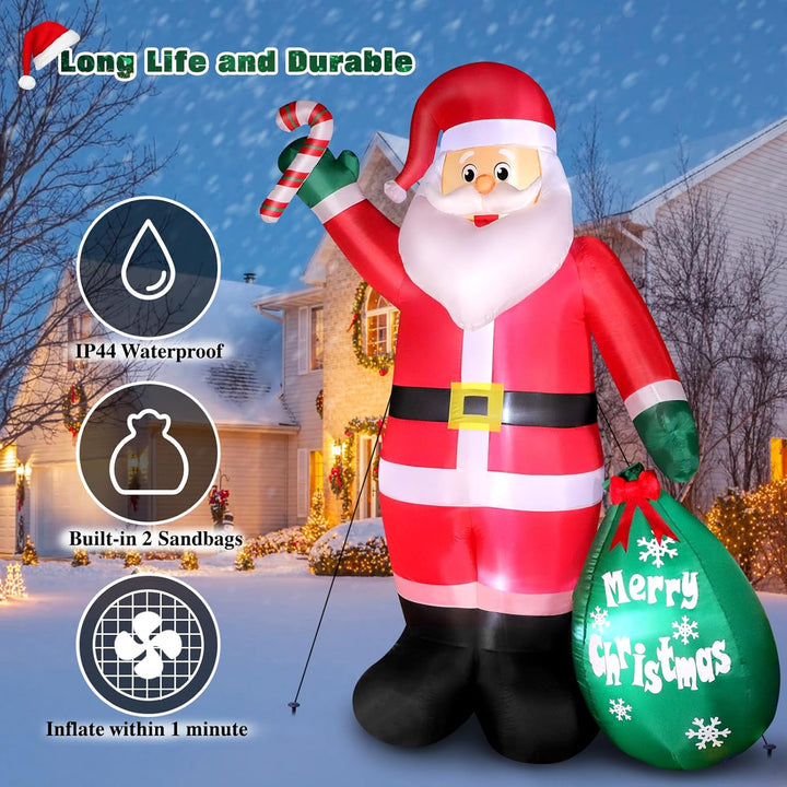 Inflatable Santa Claus decoration with features highlighted on a snowy background