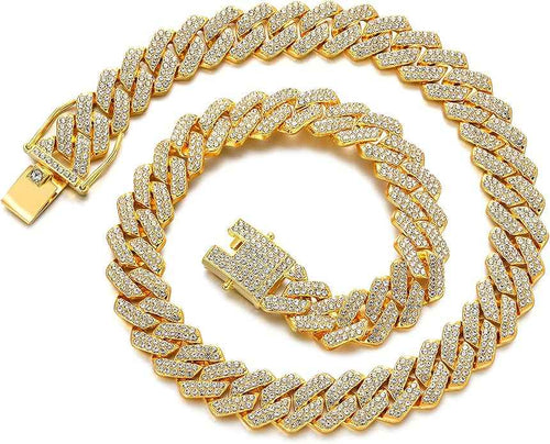 Iced Out Cuban Link Chain – Miami Cuban Necklace Silver & Gold Bling Hip Hop Jewelry for Men & Women