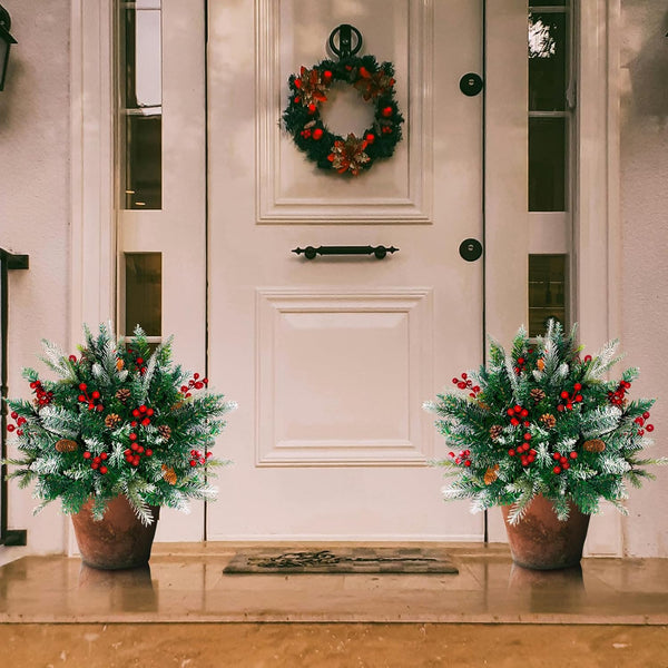 Decorative wreath and potted plants on a door with a doormat.