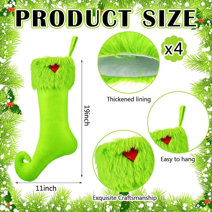 grinch Green Christmas stocking with measurements and features on a festive background