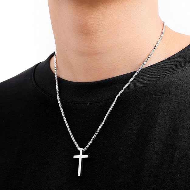 Stainless Steel Cross Necklace – Silver, Gold & Black Cross Pendant with 2.5mm Box Chain (18–24 Inch