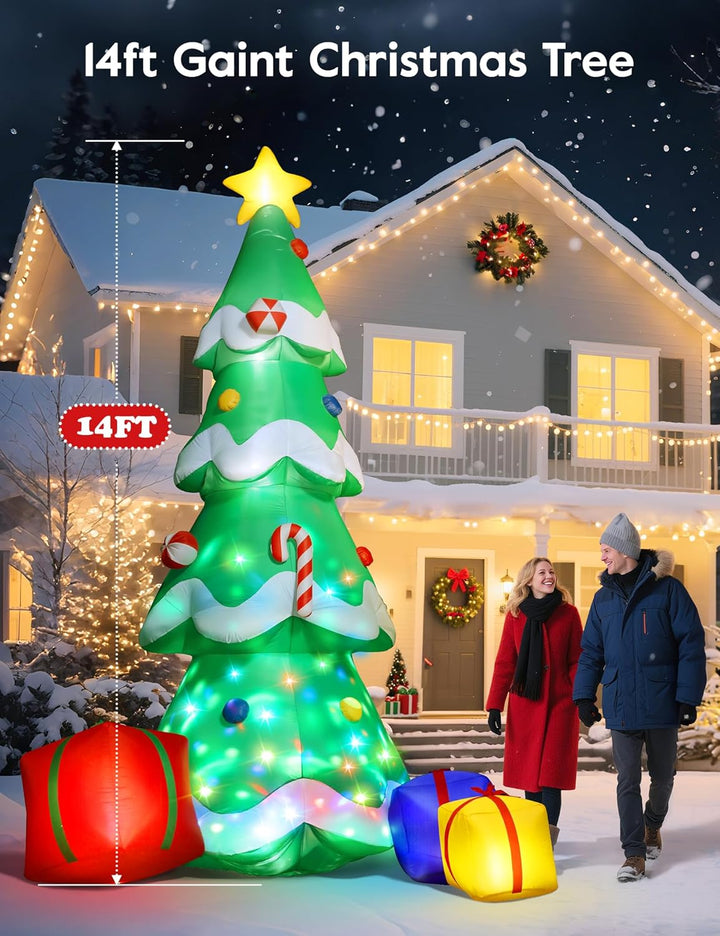 Inflatable Christmas tree with lights and decorations in front of a house with Christmas wreaths.