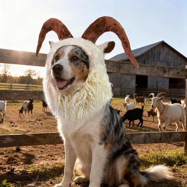 Dog wearing a goat costume with horns in a farm setting
