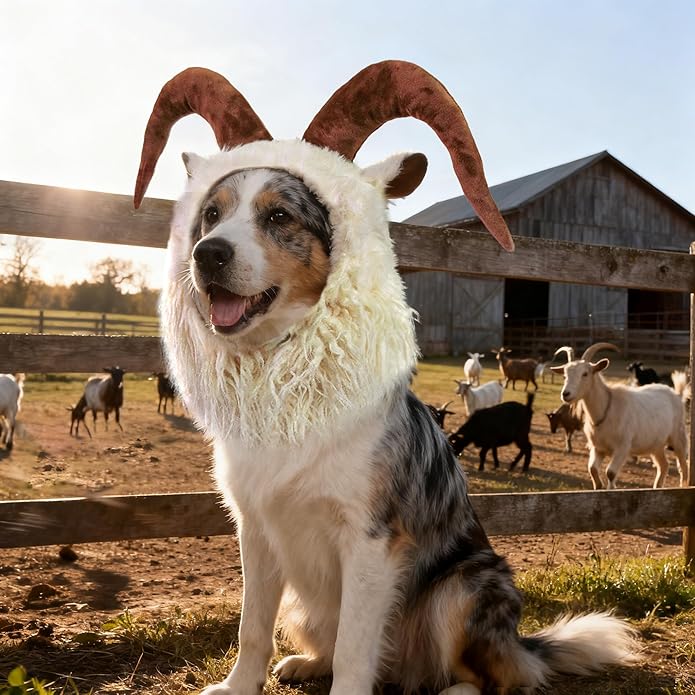Dog wearing a goat costume with horns in a farm setting