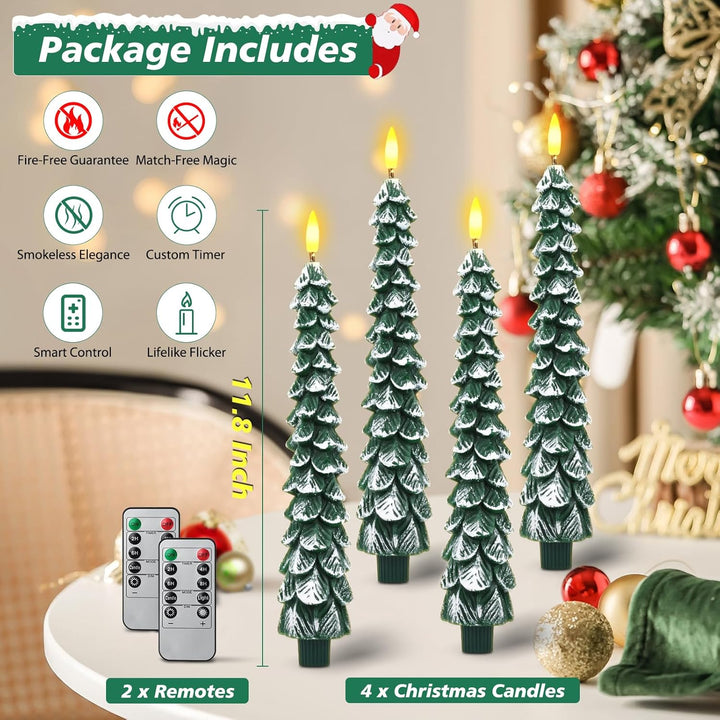 Set of Christmas tree-shaped candles with remote control on a table with festive decorations.