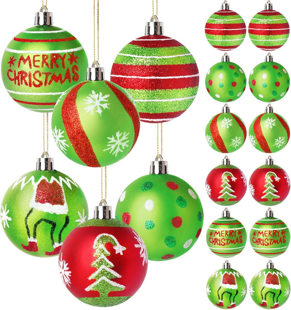Collection of colorful Christmas ornaments with various designs on a white background.