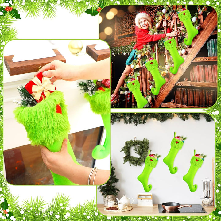 Collage of green Christmas stockings being used in various settings.