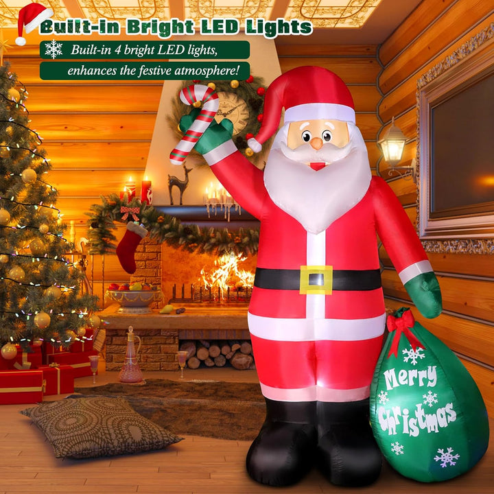 Inflatable Santa Claus with LED lights in a festive living room setting.