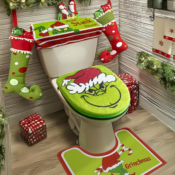 Bathroom set with Grinch-themed toilet seat cover, rug, and stockings.
