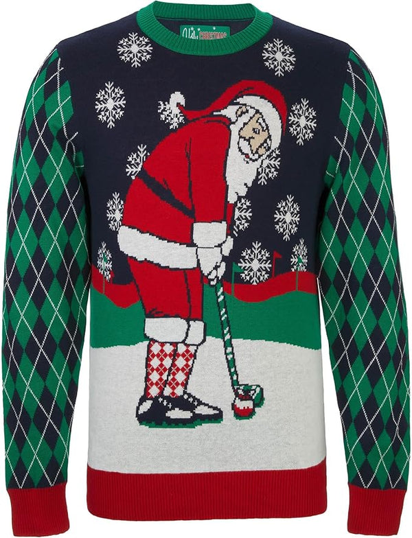 Ugly Christmas sweater with Santa Claus playing golf design.