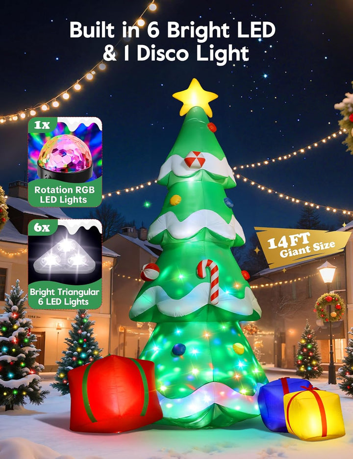Inflatable Christmas tree with lights and presents on a snowy background