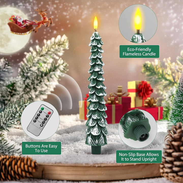 Decorative Christmas tree-shaped candle with remote control and non-slip base, surrounded by festive elements.