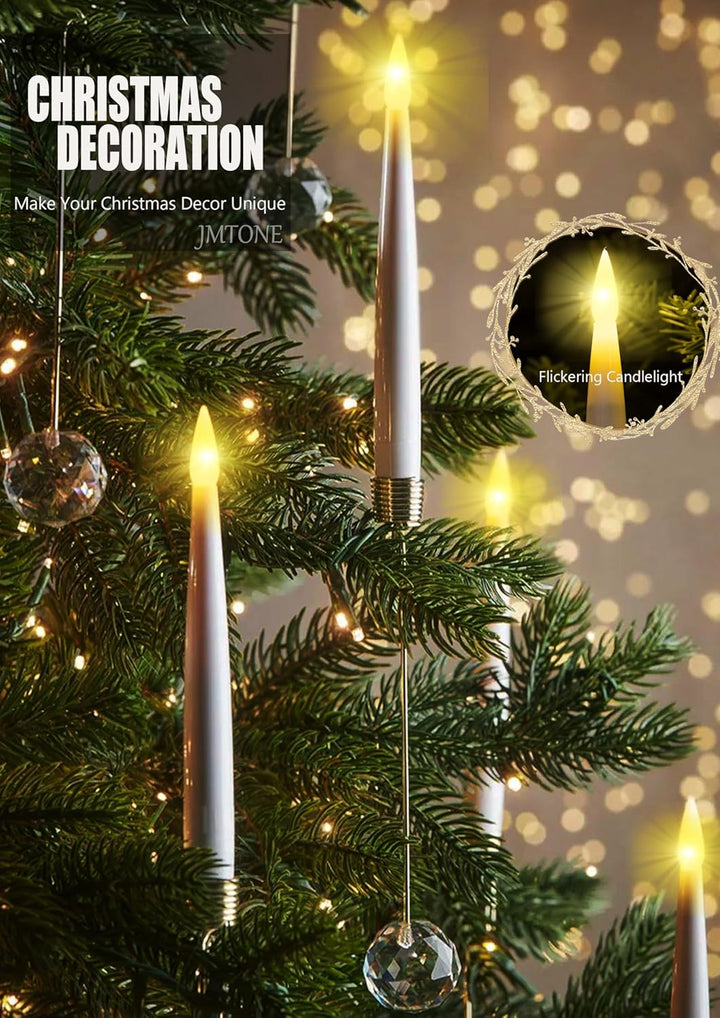 Decorative candles and clear glass balls on a Christmas tree with a blurred lights background