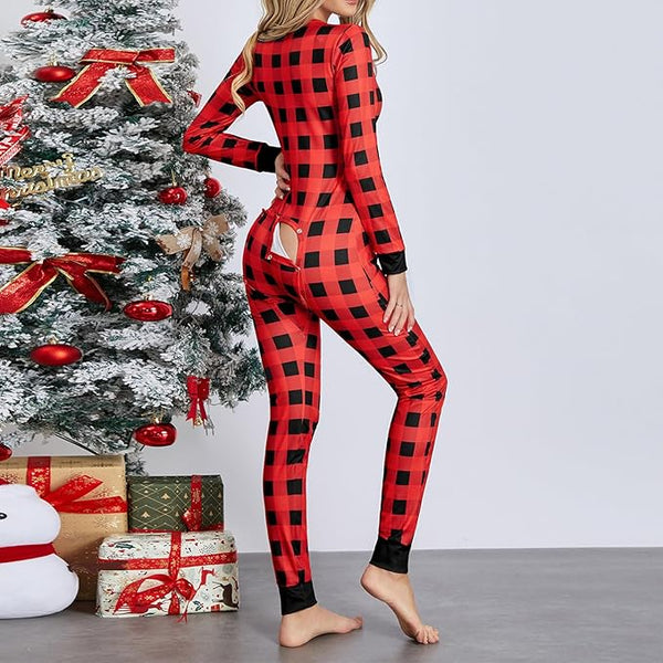Women’s Button Flap Jumpsuit Pajamas – Sexy Long Sleeve V-Neck Romper