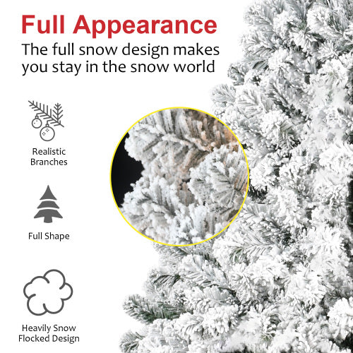 Frosted Christmas tree with text highlighting features like realistic branches, full shape, and heavily snow-flocked design.