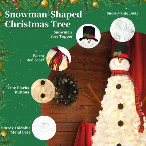 Snowman-shaped Christmas tree with tree topper, red scarf, and wreath