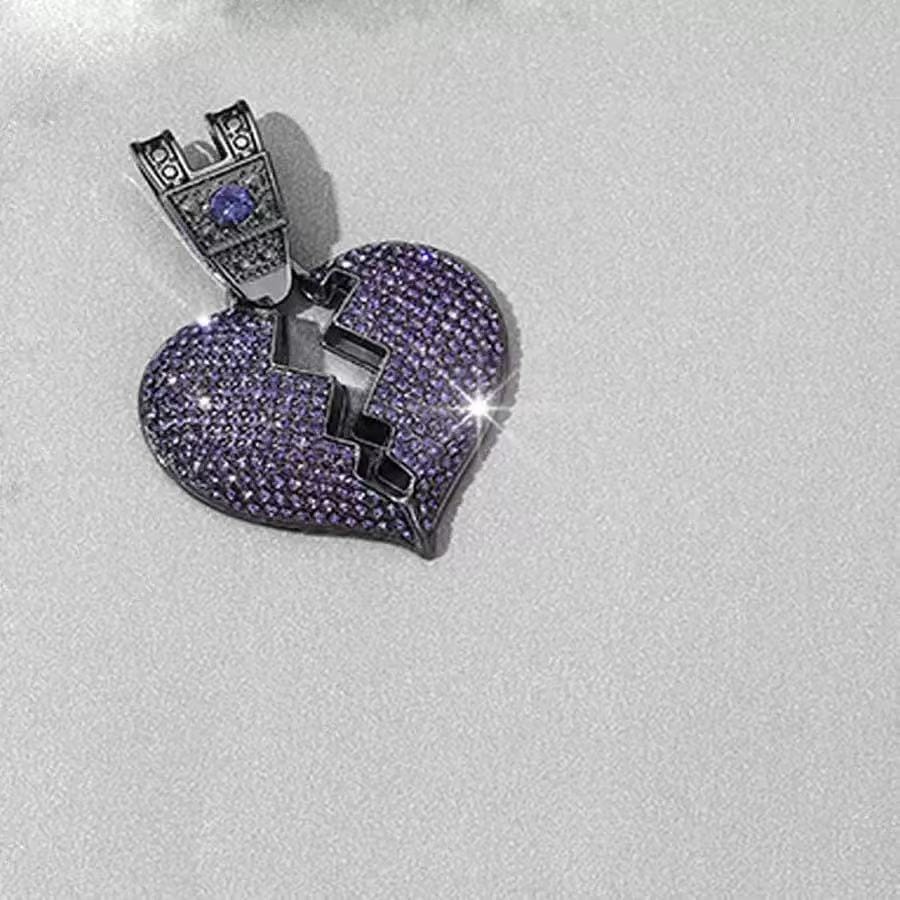 Purple heart full diamond pendant necklace with 18-inch Cuban chain by Gardira, featuring sparkling diamond details.