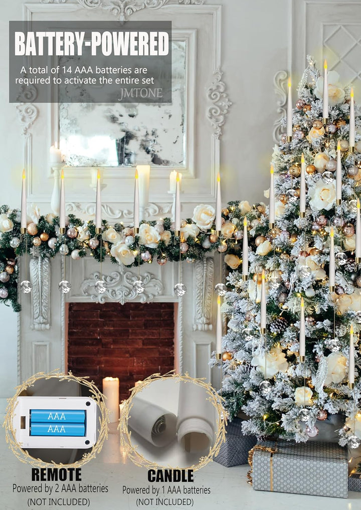 Decorative Christmas setup with tree, candles, and remote control in a room.