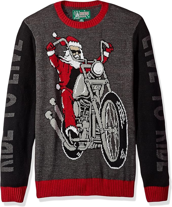 Sweater with Santa Claus riding a motorcycle design on a gray and red background