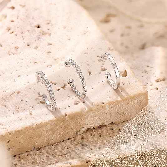 3PCS Ear Cuffs Non-Piercing – 14K Gold Plated & Sterling Silver CZ Clip-On Cartilage Earrings for Men & Women