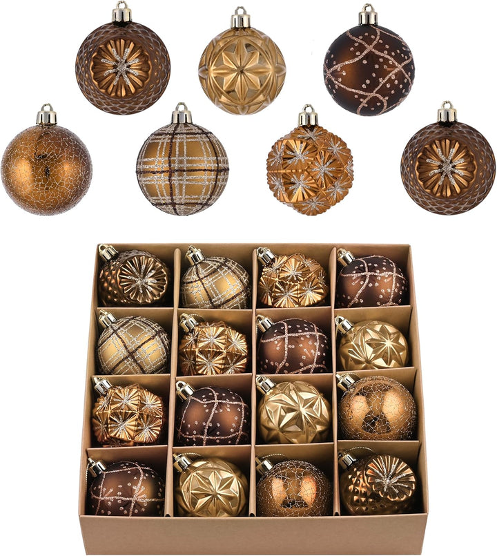 Assorted decorative Christmas ornaments in a box on a white background