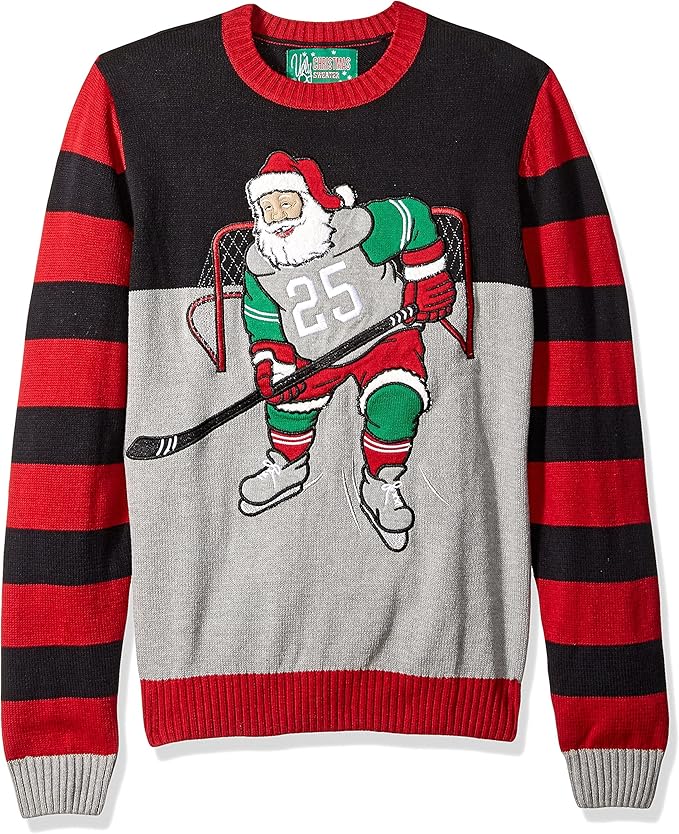 Sweater with a graphic of Santa Claus playing hockey on a white background