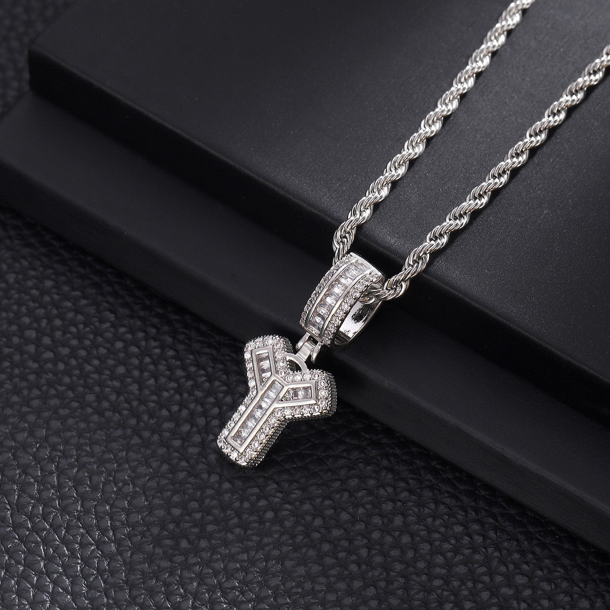 Custom iced out initial letter pendant necklace by Gardira featuring CZ diamonds, alphabet chain for men and women.