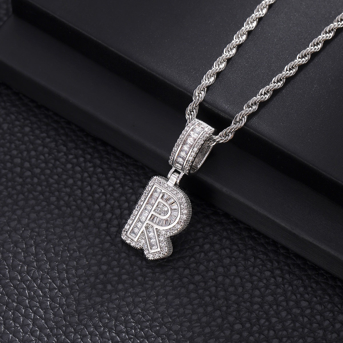 Custom iced out initial letter pendant necklace by Gardira featuring CZ diamonds, hip hop style alphabet chain for men and women.