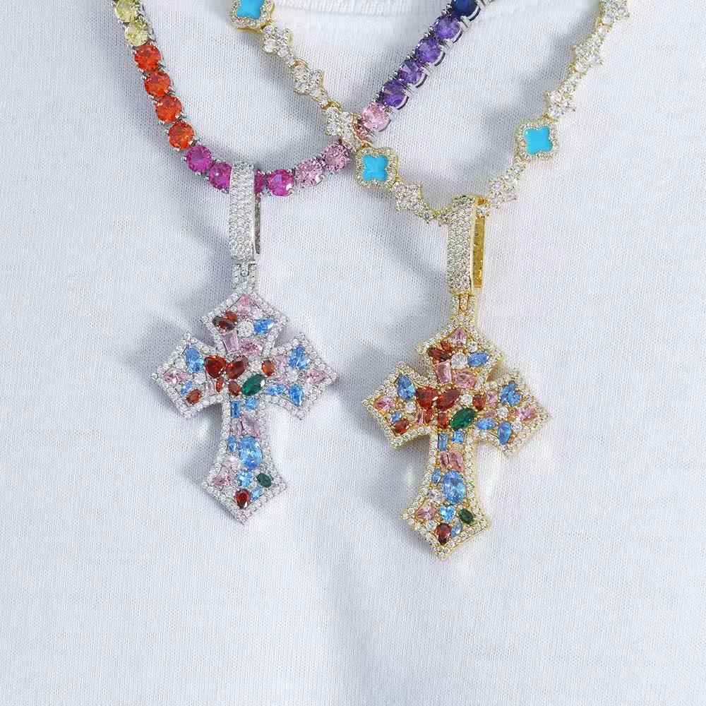 24inch 3mm Colored gemstone wheat ear cross pendant necklace