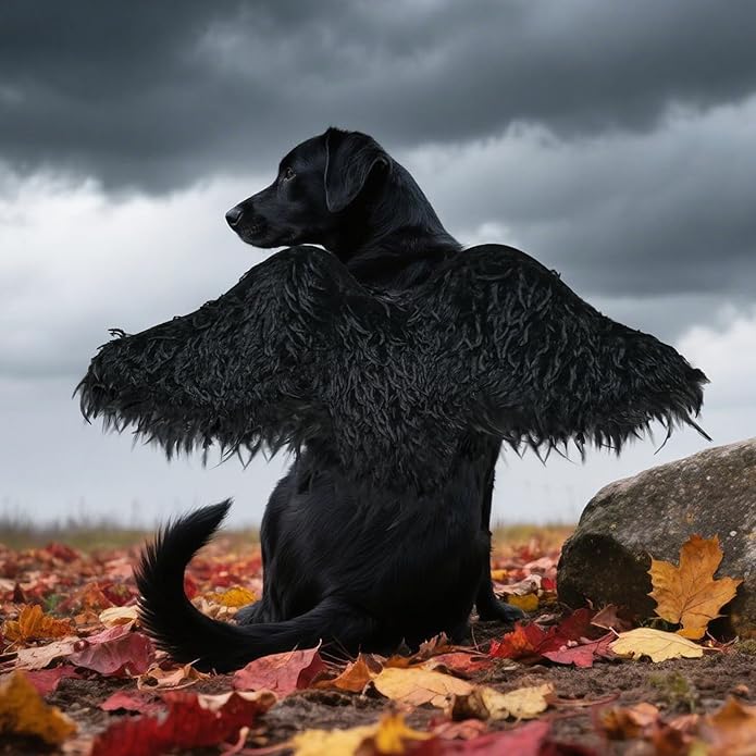 dog with black feathered wings costume