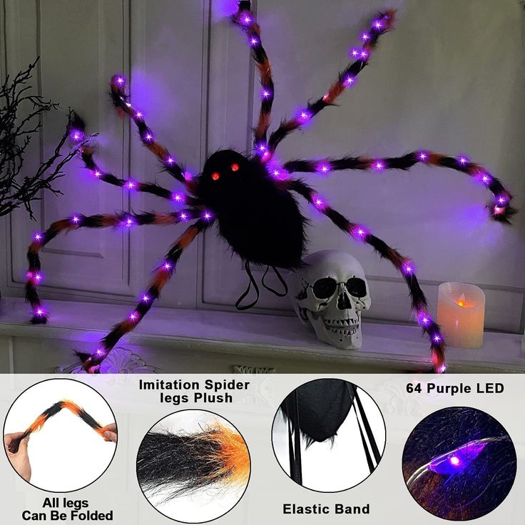 Halloween Giant Spider Backpack Set, 60 LED Light-Up Spider Backpack with Spider Headband, Scary Plush Costume for Kids Halloween Party