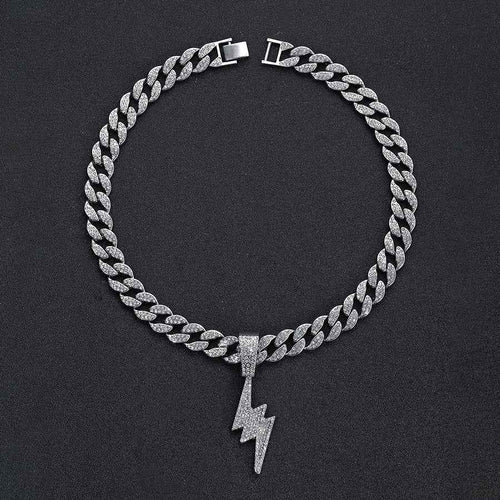 Iced-Out Lightning Pendant Necklace for Men – Full Diamond Cuban Link Hip Hop Chain