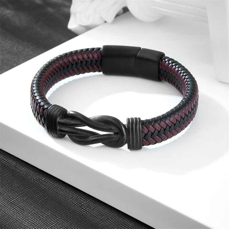 Men’s Braided Leather Bracelet with Titanium Steel – Vintage Hip Hop Style Wristband