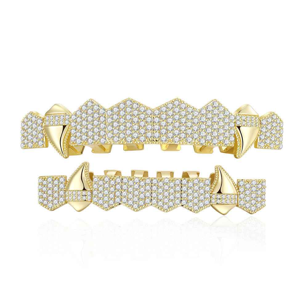 Hip Hop Vampire Fang Grillz – Full Rhinestone Copper-Plated Zircon Dental Jewelry