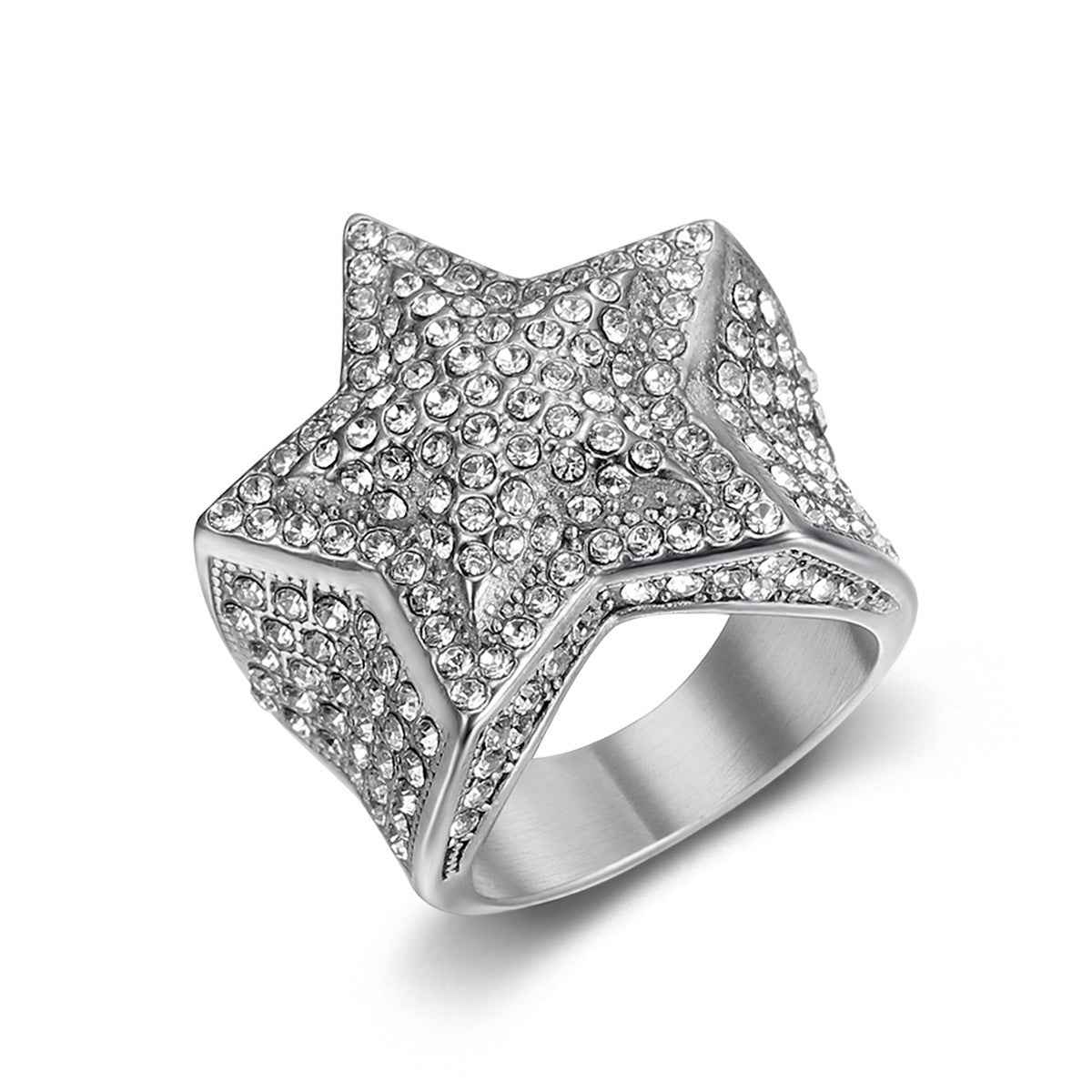 Men’s Hip Hop Five-Point Star Ring – Iced Out Rhinestone Stainless Steel Statement Ring