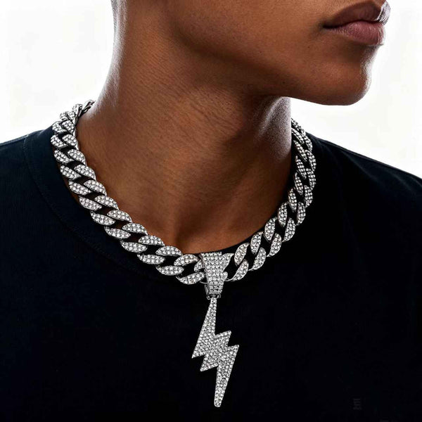 Iced-Out Lightning Pendant Necklace for Men – Full Diamond Cuban Link Hip Hop Chain