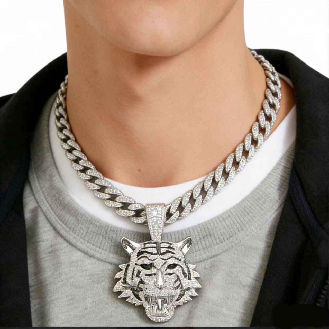 Full Diamond Tiger Pendant Necklace for Men – 3D Alloy Cuban Chain Hip Hop Jewelry