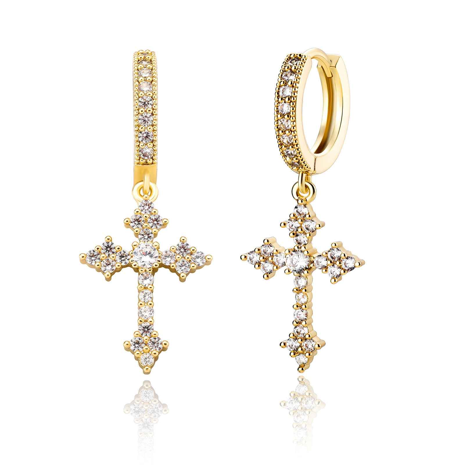 Cross Hoop Dangle Earrings – 14K Gold Plated 5A+ CZ Sterling Silver Drop Earrings for Men & Women