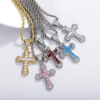 Men’s Hip Hop Colorful Zircon Cross Necklace – Twisted Link Sweater Chain Pendant